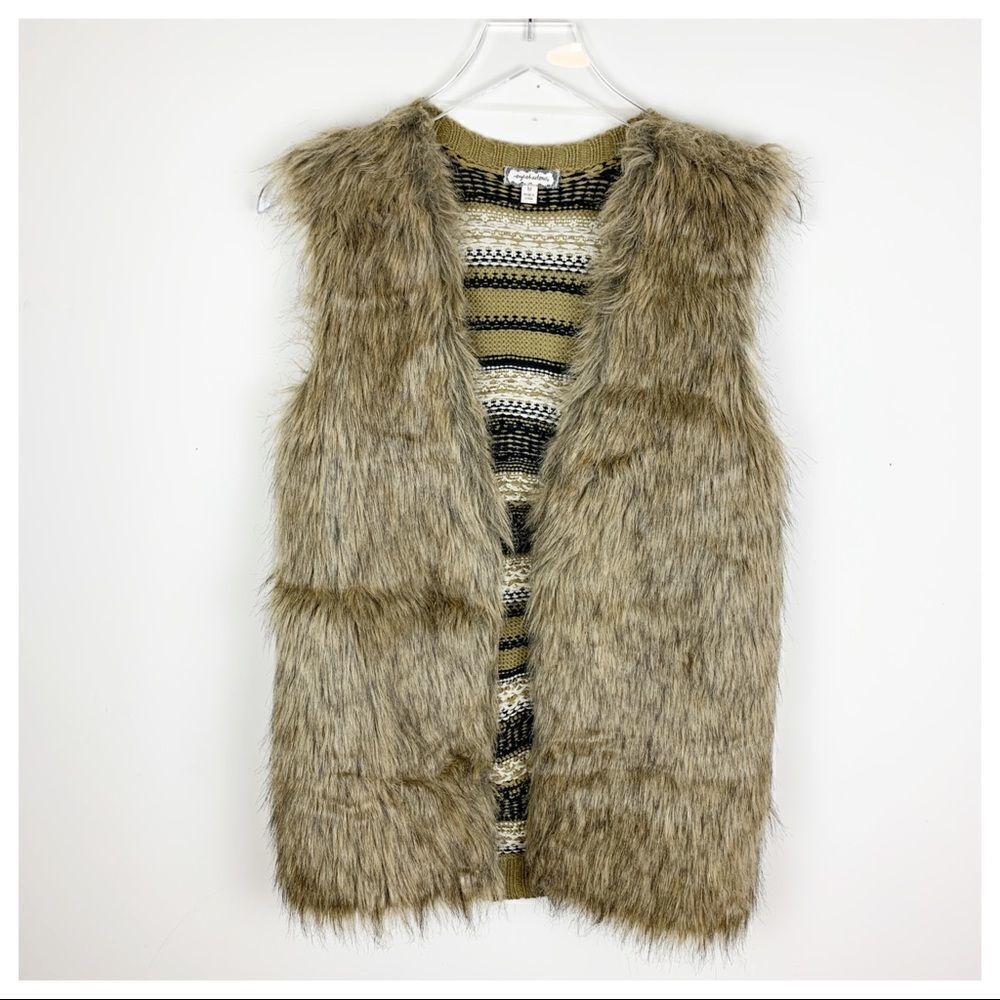 Eyeshadow Faux Fur Vest w/Patterned Knit Back M